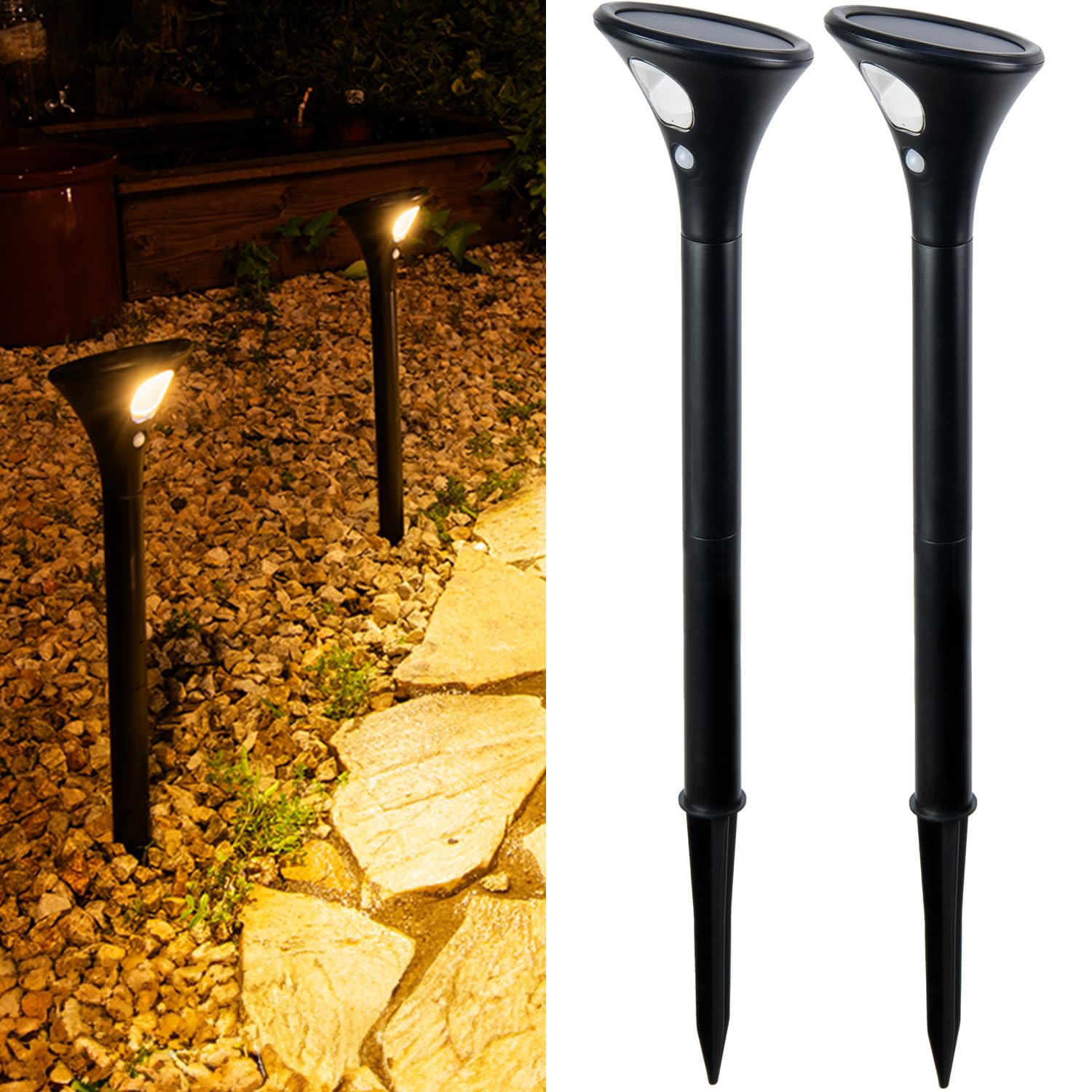 

HAPPYJOINT Sleek 2-Piece Motion Sensor Light, Solar Powered, Outdoor, Waterproof, Pole, IP65, 120 Hours of Light, Adjustable Height, Warm White