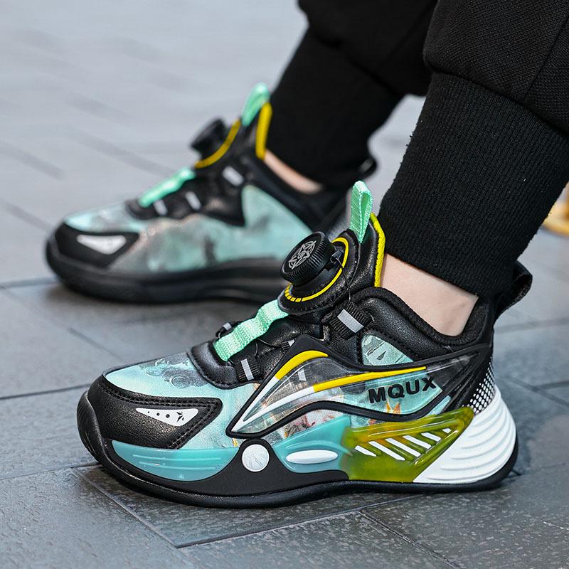 Black Monkey King Kids' Shoes: Warm Cotton-Padded Sneakers, New Style with Rotating Button, Leather Waterproof, Trendy for Boys & Girls.