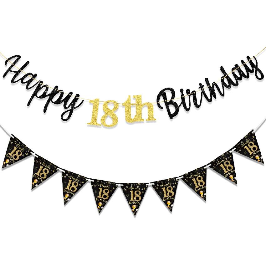 16th Birthday Decorations Banner Boys Girls, Black Gold Happy 16thBirthday Banners for Girls Boys (Birthday 16th)