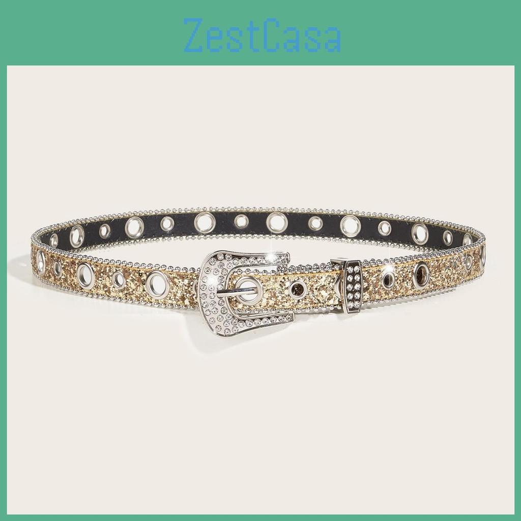 Stylish Rhinestone Decorated Pu Belt With Metal Pin Buckle For Ladies