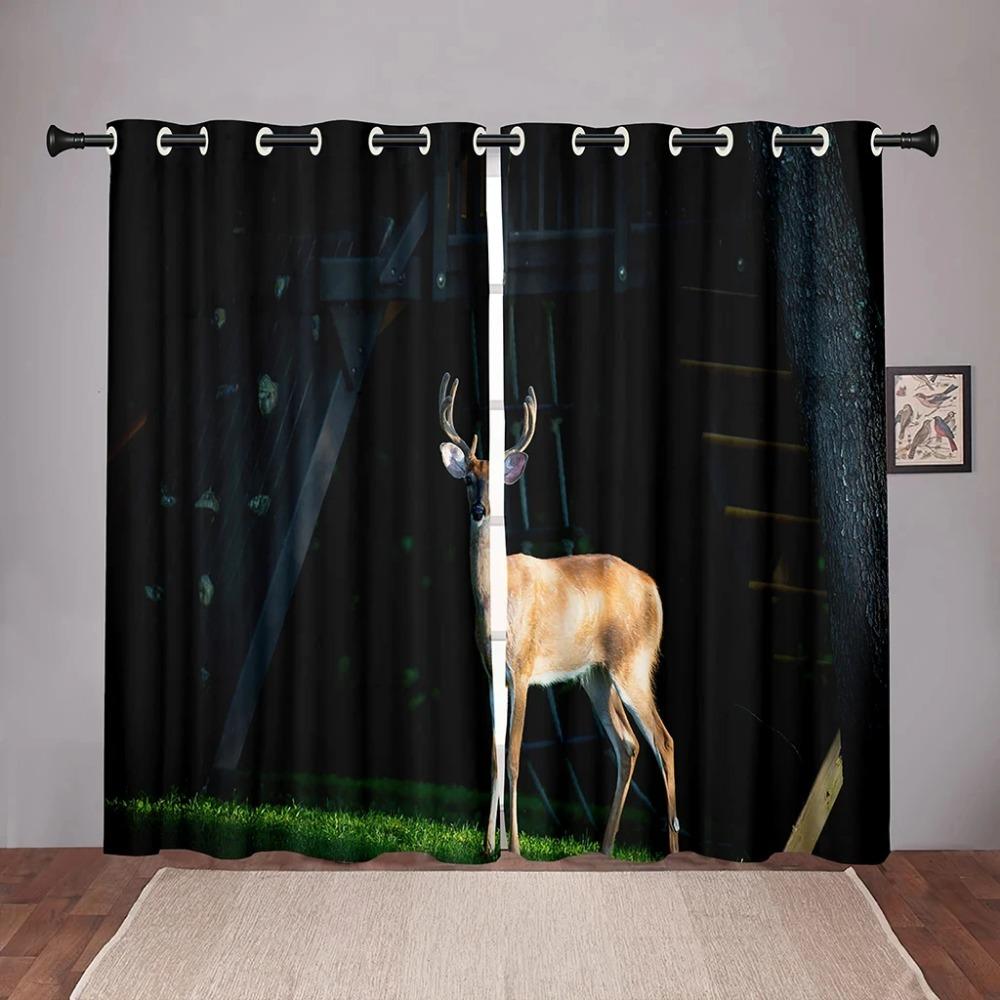 Natur Hirsch Tier Wald Grün Baum Verdunkelungsvorhang für Schlafzimmer Wohnzimmer Badezimmer Küche Tür Flur Hohe Verdunkelung Heiß