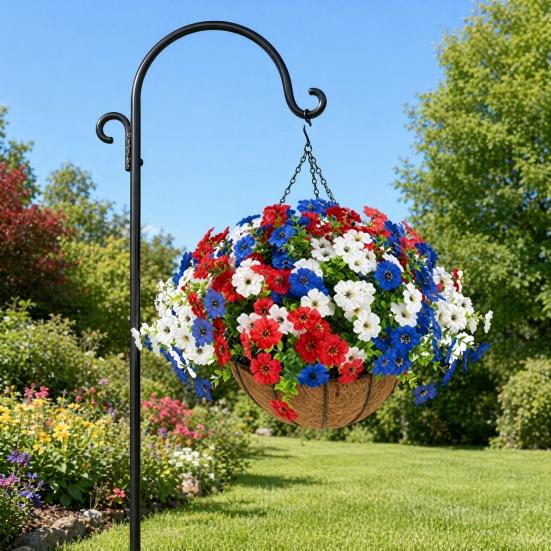 Artificial Outdoor Flower with Hanging Baskets, Red White Blue Fake Flower Planter, Patriotic Decor for 4th of July, Porch Garden