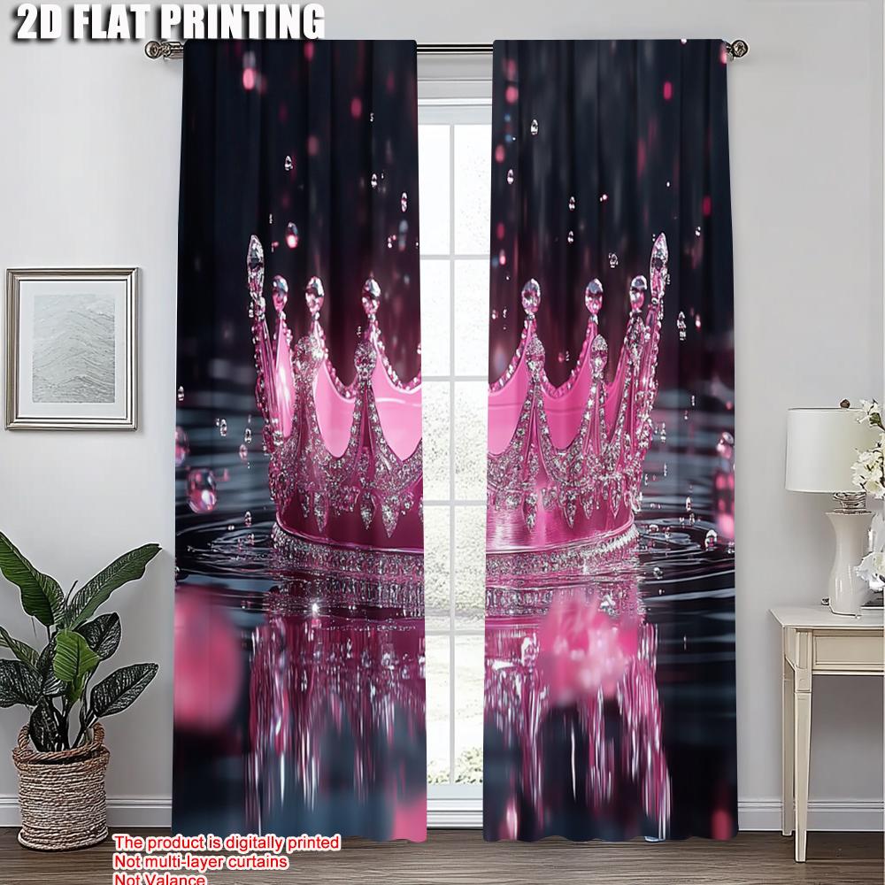 2pcs, Curtains 2D plane printing Pink Princess Crown Window Polyester Easy Install (without rod) Decorations Outdoor Use for