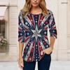 Women Plus Size Round Neck Three Quarter Sleeve Printed T Shirt Red Navy Silver Star Pattern Curved Hem