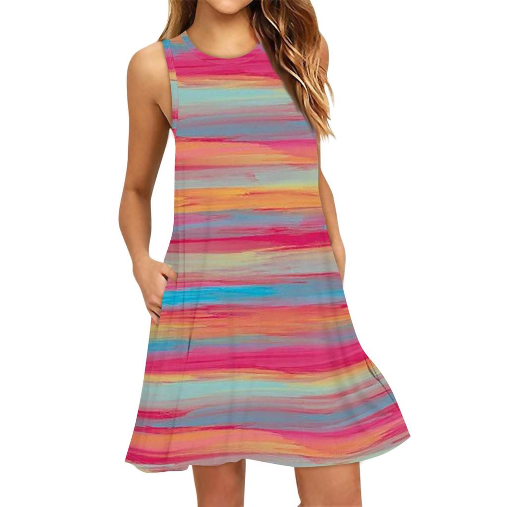 Women's Fashion Beach Dress Sleeveless Round Neck Stripe Print Dress