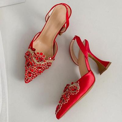 Fashion Luxury Rhinestone Decoration Design Brand Sandals Women High Quality Satin Pointed Toe High Heels Elegant Slingback Wedding Shoe