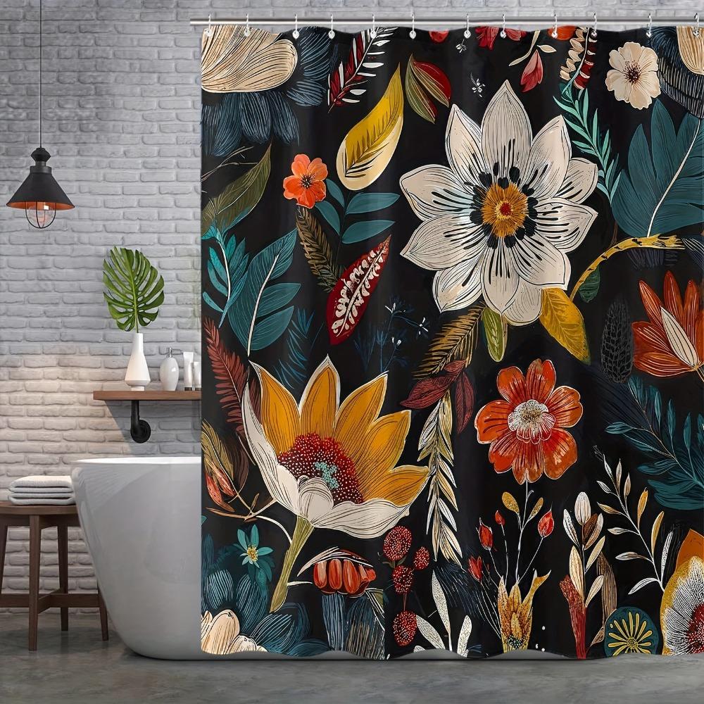 

Plants And Geometric Black Leaves Washable Dirt-Resistant Shower Curtain Shower Head Waterproof Polyester Bath Curtain W60H190(CM)-1 Pcs