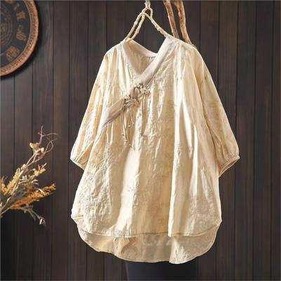 Women Chinese Style Shirts Jacquard Vintage Blouses Spring V-Neck Long Sleeve Women Soft Tops