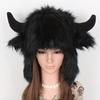 Women's Cow Skull Fisherman Hat with Faux Fur Horns - Winter Warm Ear Protection Beanie, Soft Imitation Mink Material Women