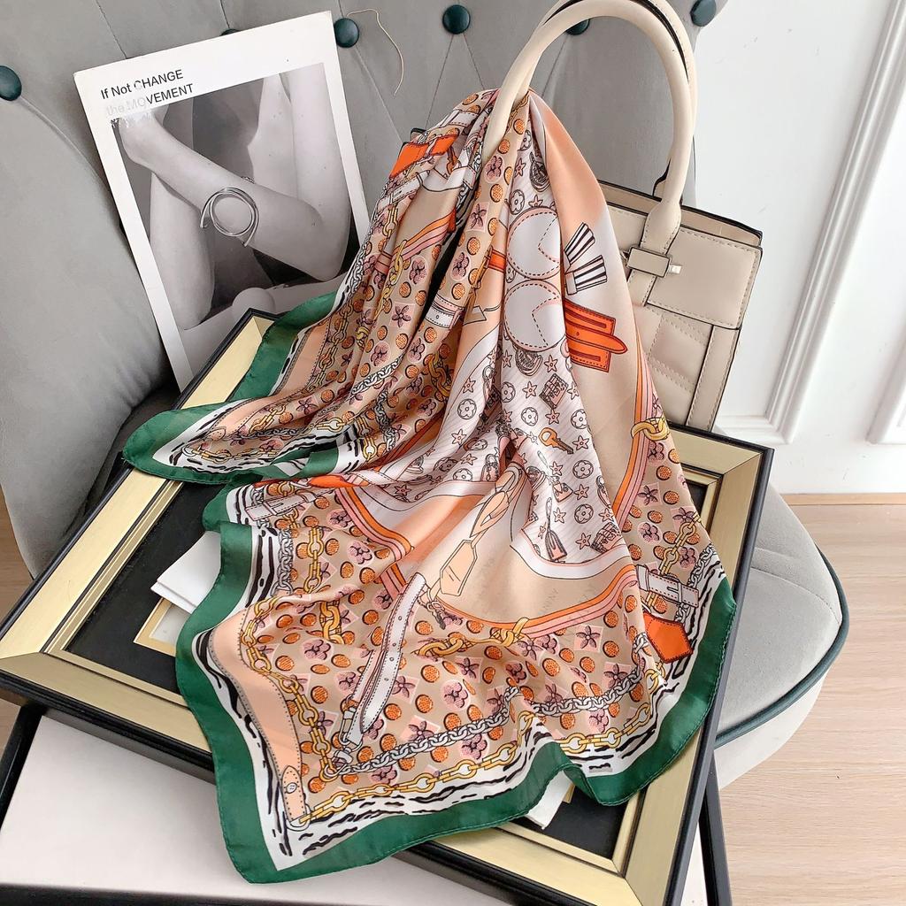 New simulated silk small square scarf summer fashion versatile sunshade headscarf decorative chain printed silk scarf