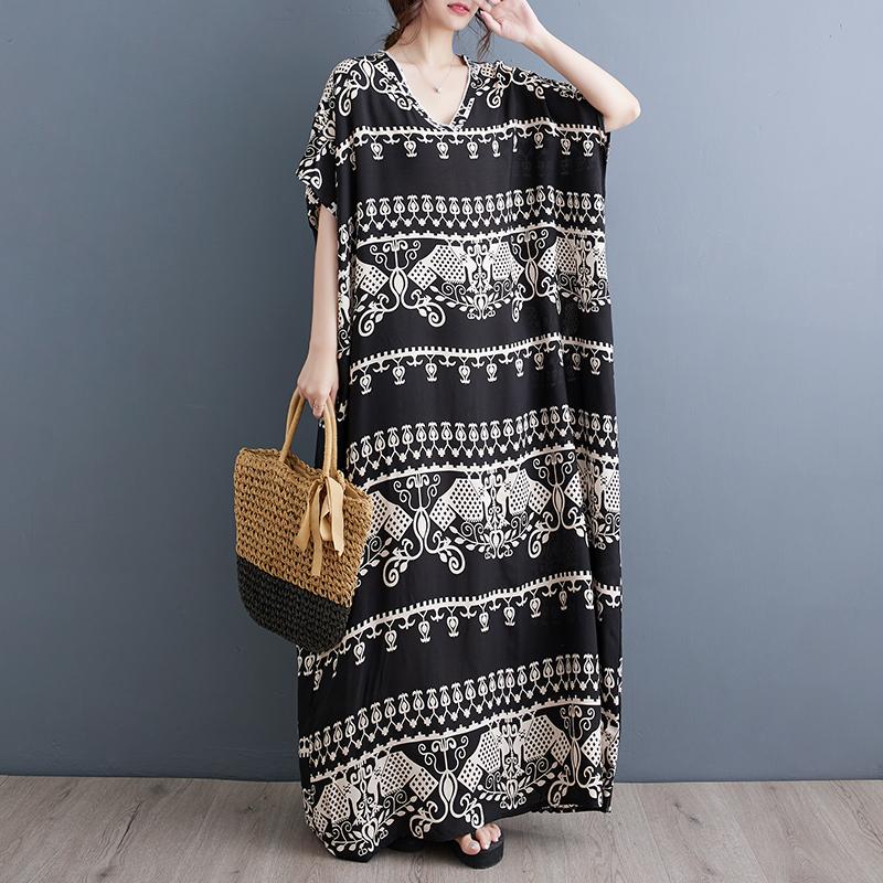 DIMANAF 2024 Plus Size Dress Women Summer V-Neck Sundress Bohemian Floral Print Loose Big Oversize Maxi Dress 5470