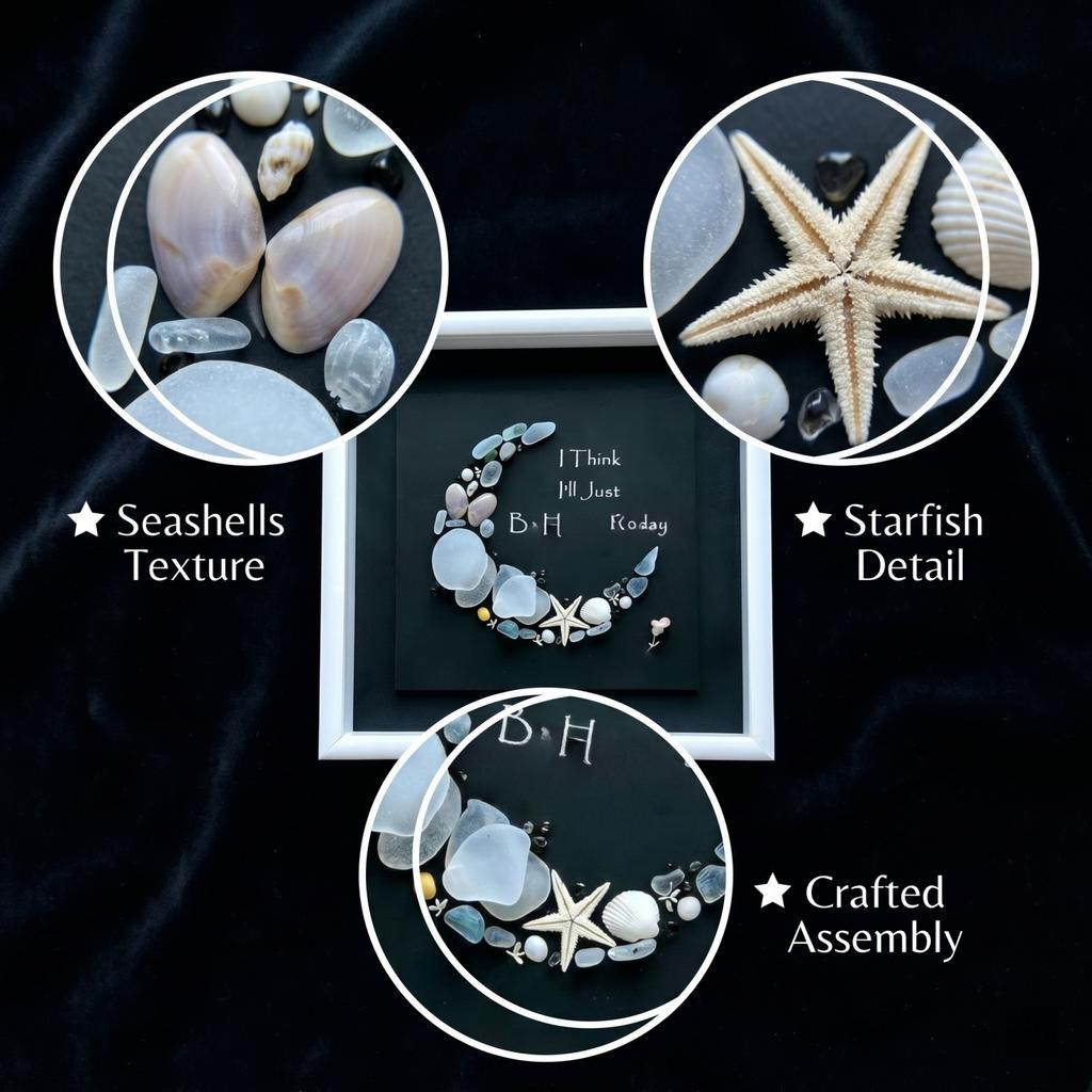 Sea Glass Moon Art Shadow Box Frame Wall Decor with Natural Sea Glass Pebbles and Starfish Elements Handmade Coastal Style Display