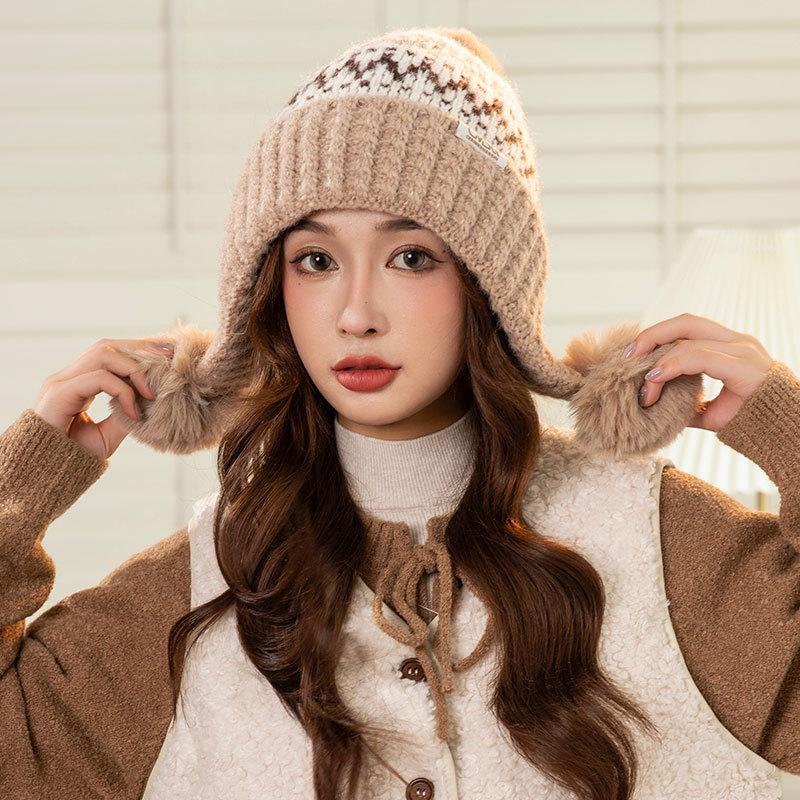 Mode Farbabstimmung Pompon Ohrenschutz Warme Mütze Damen Winter Radfahren Fleece Kälteschutz Wollmütze Tide
