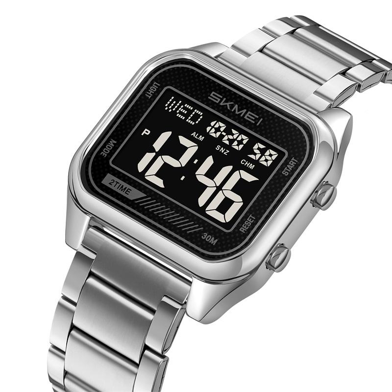 Skmei Dual Time Zones Digital Watches for Mens Luxury Full Steel Strap LED Waterproof Chronograph Fashion Sports Alarm Clock