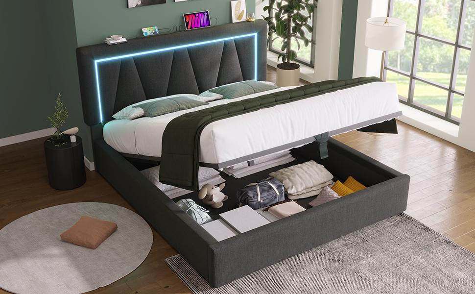 (=ABMA434142G)Upholstered Double Bed, USB Type C Charging, LED Lighting, Linen Storage Bed Frame, Youth Bed 160x200, Slatted Frame (With Mattress)