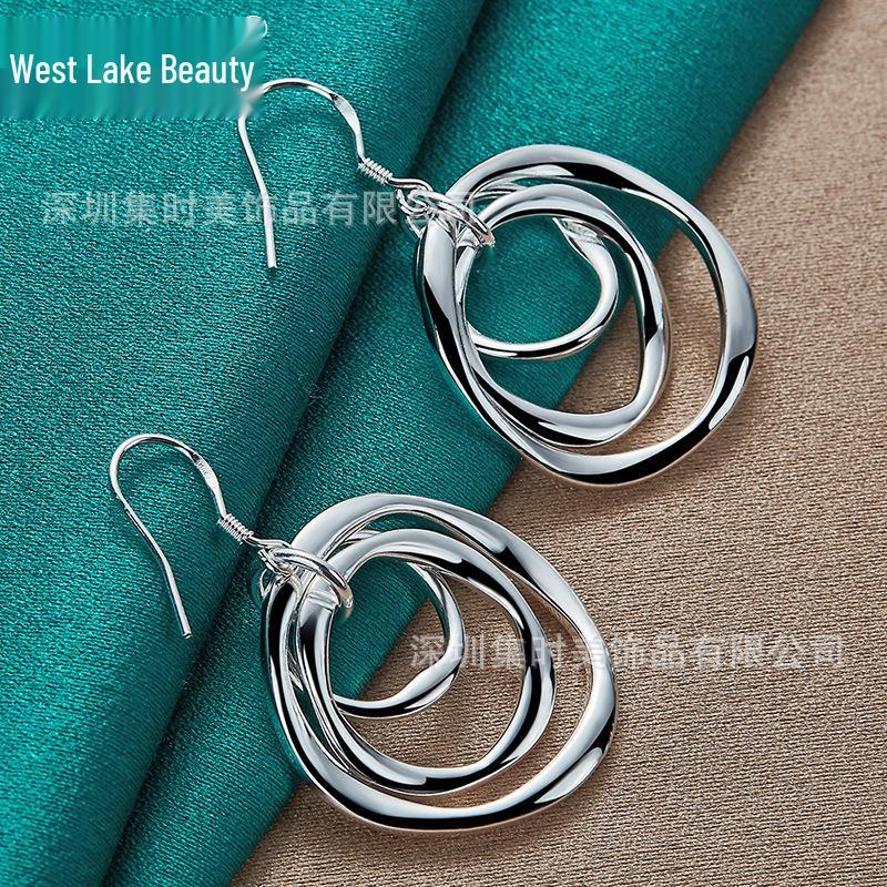 Silver Frosted Triple-Circle Wave Earrings - Women's Jewelry