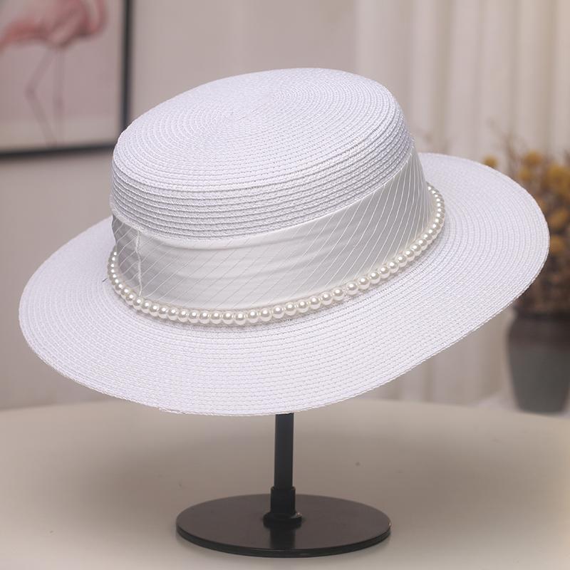 

Женская летняя ретро шляпа из жемчужной соломки, шляпа-таблетка с плоским верхом, маленькая свежая шляпа-топ, защита от солнца, пляжная шляпа для путешествий у моря Adult (56-58cm) белый