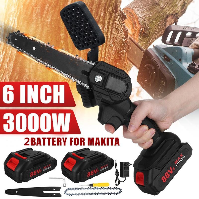 6 Inch 88V 3000W Mini Electric Chain Saw Cordless With 2Pcs Battery Woodworking Pruning ChainSaw One-handed Garden Logging Power Tool