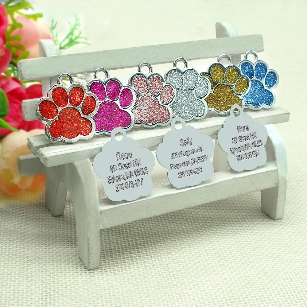 Dog Cat ID Tag Glitter Dogs Cats Name Pendant Tags Personalized Pet Collar Accessories Anti-lost Bone&Paw Tags for Small Dog Cat