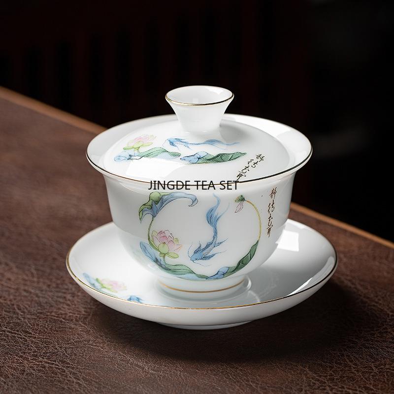 Ice Seed Sheep Fat Jade Ceramic Covered Bowl Single Household Kung Fu Tea Set Tea Making Bowl, High-end gaiwan set