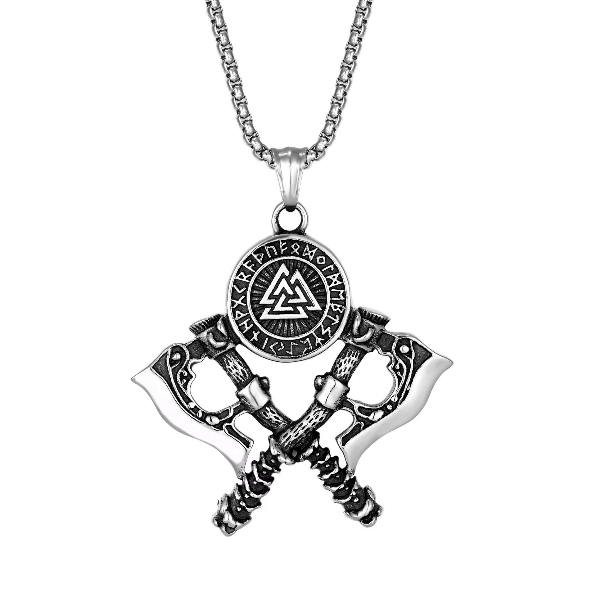 Punk Style Titanium Steel Necklaces Luna Verne Rune Shield Pendant Jewelry Viking Odin Axe Pendant Necklace for Men Fit most people