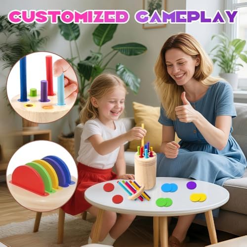 AMFUN Montessori Toys for 1-3 Year Olds, Wooden Shape Sorter & Stacking Toy, Color Sorting Learning Game for Toddlers
