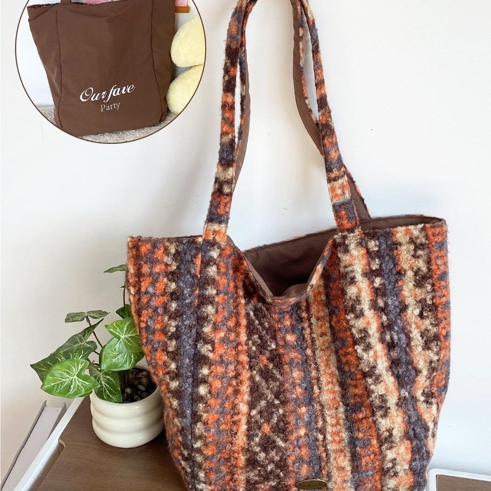 Stylish Double Sided Design Plaid Tote Bag Colorful Thicken Handbag Soft Large Capacity Woolen Tote Bag Daily Use