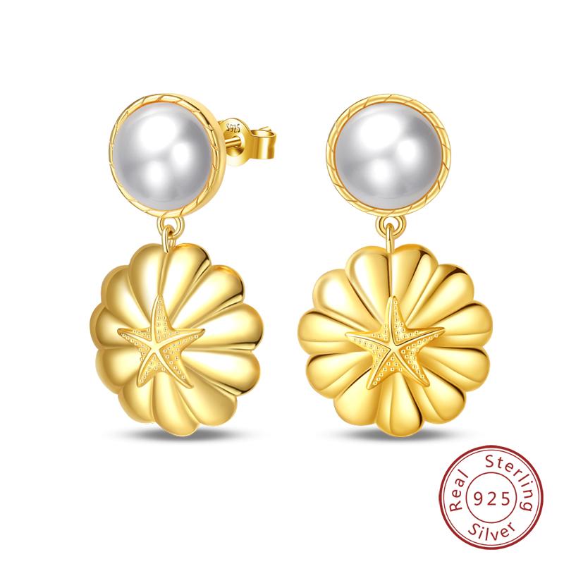 Luxus Goldene Muschel Seestern Perlen Ohrstecker 925 Silber Schmetterling Herzförmige Anhänger Perlenohrringe Für Frauen Party Schmuck