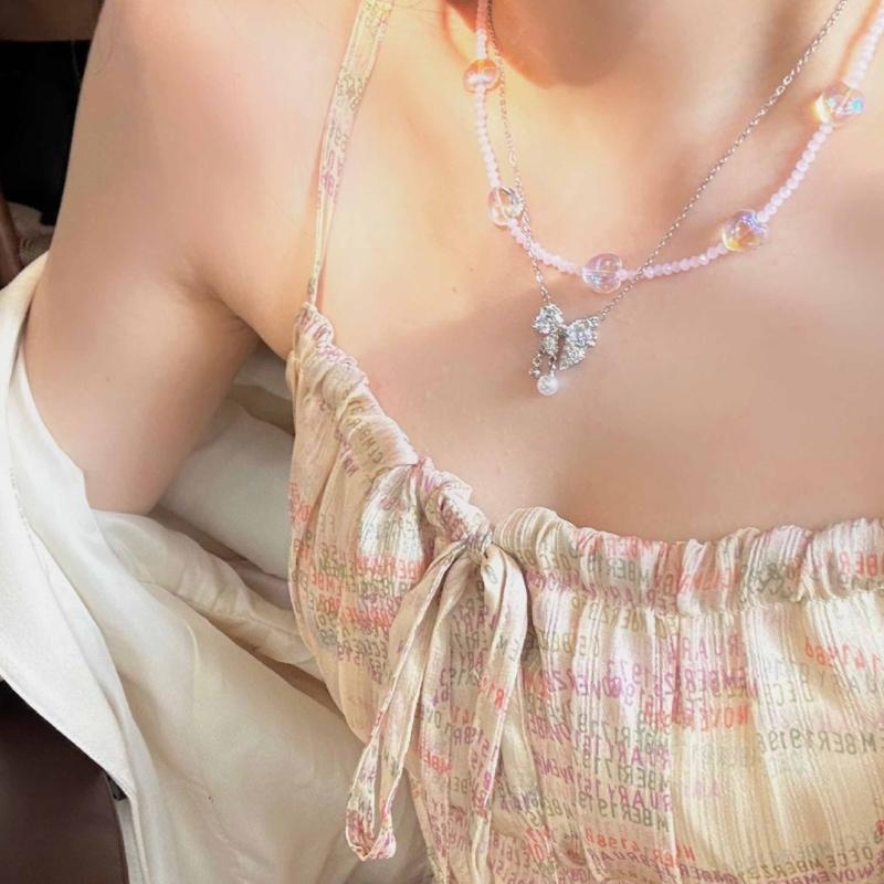 Y2K Glass Heart Star Butterfly Bead Pendant Necklace Bracelet for Women Clavicle Chain Fashion Valentines Day Gifts