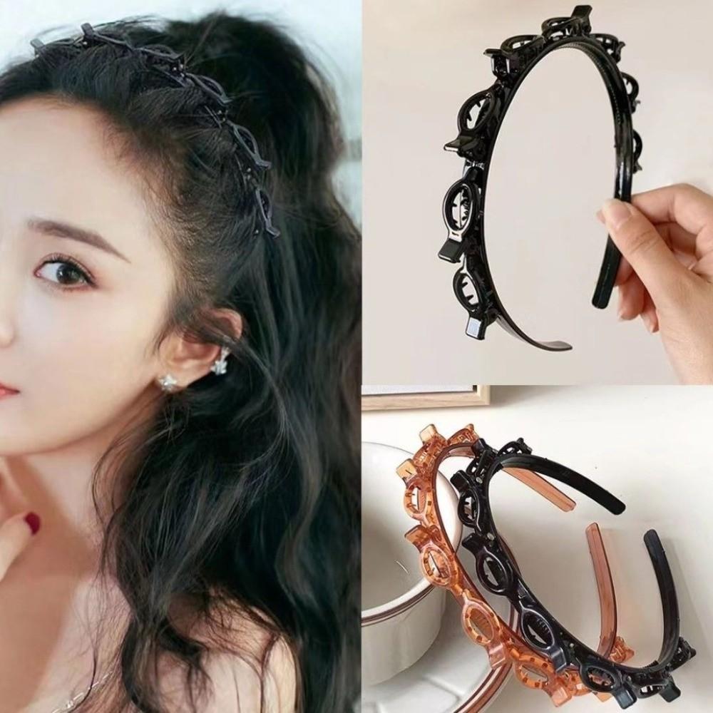 Adjustable Headband with Clips Double Bangs Hoop Design Bangs Hairstyle Hairpin with 8 Clips Multi Layer Toothed Braid Tool