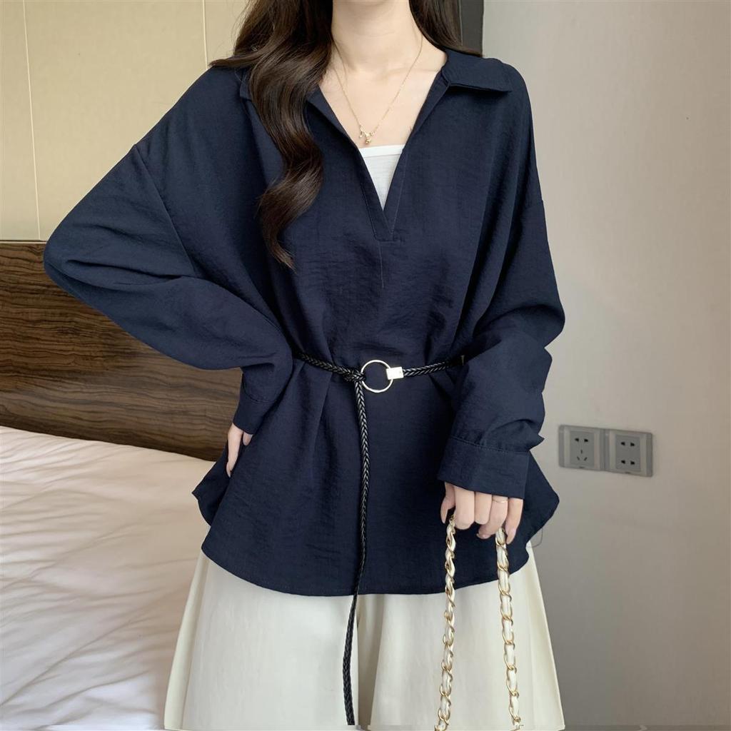 Korean-style V-neck Long-sleeve Shirt for Women, 2026 Spring and Autumn New Model, Versatile for Commuting, Faux Two-piece Top