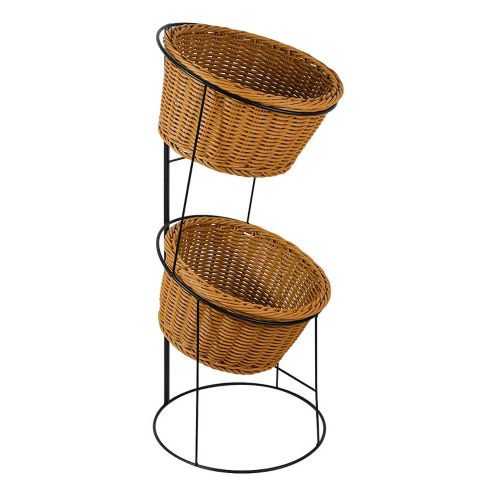 Freestanding Produce Display Rack Stable Floor with Woven Baskets