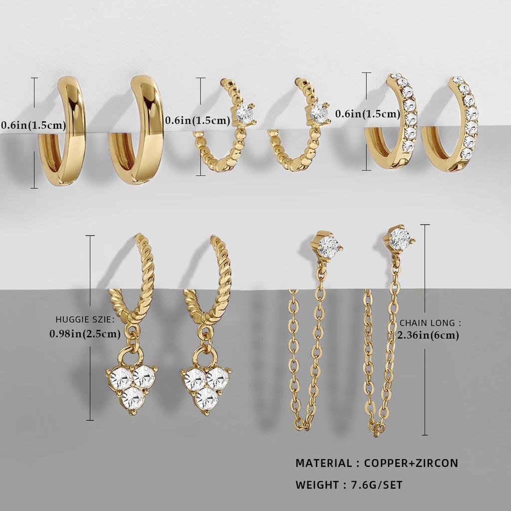 Latest Zircon Crystal Cubic Zircon Stylish Jewelry Crystalline Small Hoops Sets Long Gold Color Chain Earrings Women Twist Beads Huggie Stylish