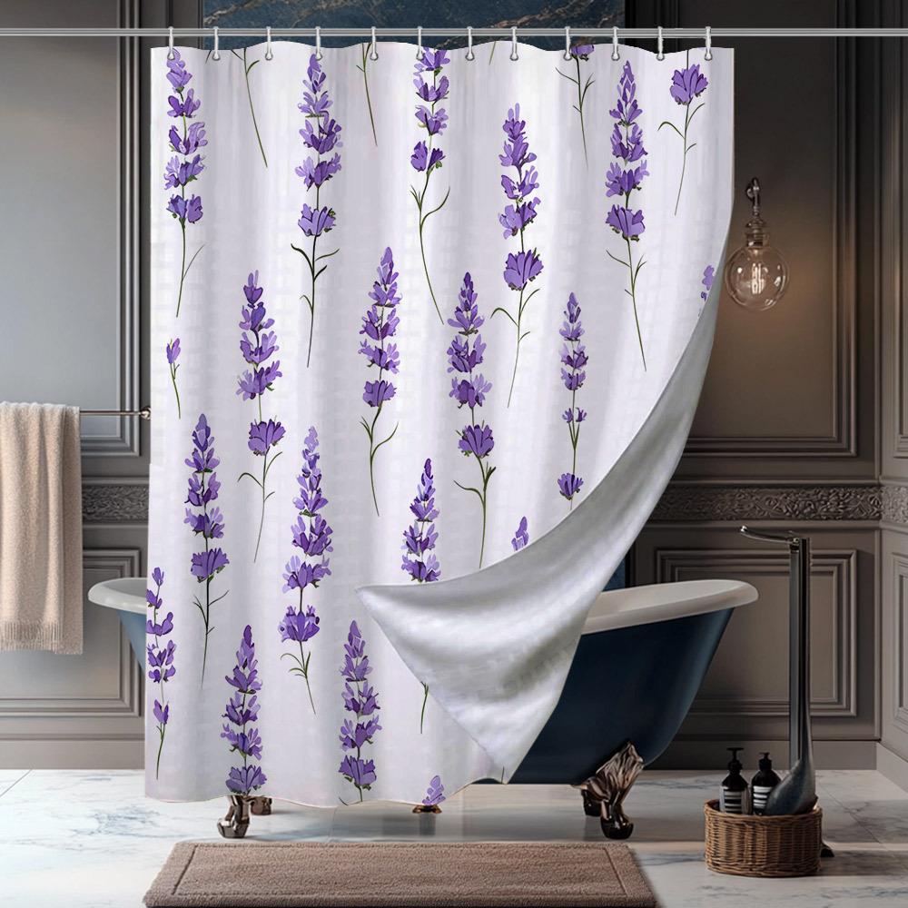 1pc Lavender Floral Print Shower Curtain, Polyester Fabric, Elegant Purple Design, Functional Decor for Stylish Bathrooms