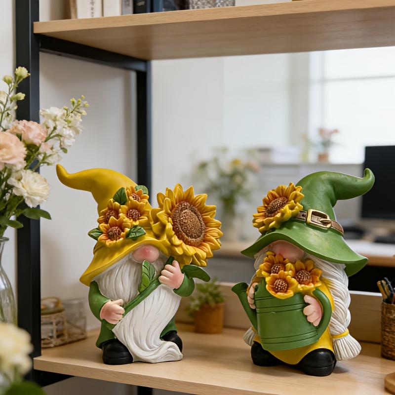 2Pcs Sunflower Gnome Ornament, Resin Garden Gnome, Yellow Hat Hugging Sunflower Gnome, Tabletop Window Sill Ornament