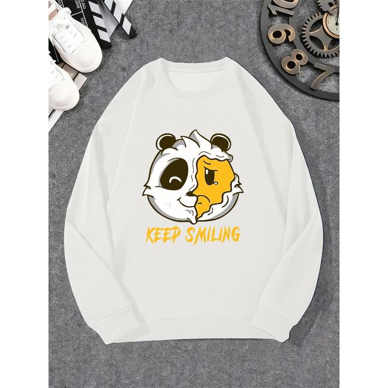 Men's Keep Smiling Casual Crew Neck Sweatshirt, Loose Fit Solid Color.