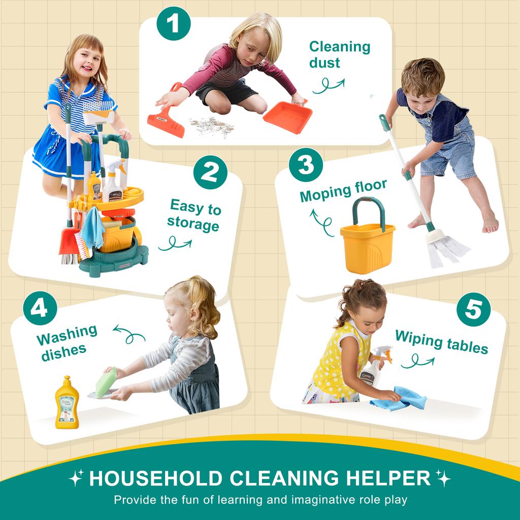 12 pièces/ensemble Ensemble de nettoyage pour enfants Jouets de nettoyage de la vie simulée avec chariot Jouet de jeu de rôle Jouet de maison de jeu d'hygiène et de nettoyage Garçons et Filles