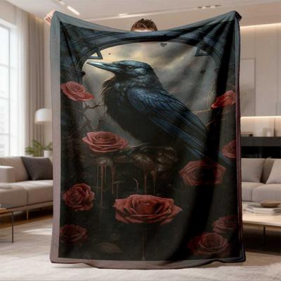 2026 Latest Flannel Blanket | Gothic Raven & Red Roses Print, All-Season Soft MachineWashable Throw for Bed, Couch, Camping | Perfect Gift for Family