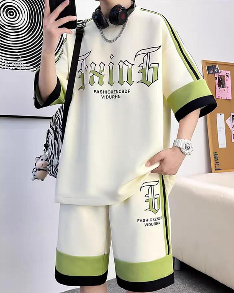 KTNCFD Short Sleeve Summer Plus Jersey and Loose Fit Men's Set, Sizes, 2-Piece Set, T-Shirt, Top, Shorts, Sportswear, Sweatshirt, Loungewear, (8XL,