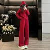 Stylish Red Hooded Zipper Hoodie & Wide-Leg Pants Set for Women, Autumn/Winter, Perfect for Chinese New Year.