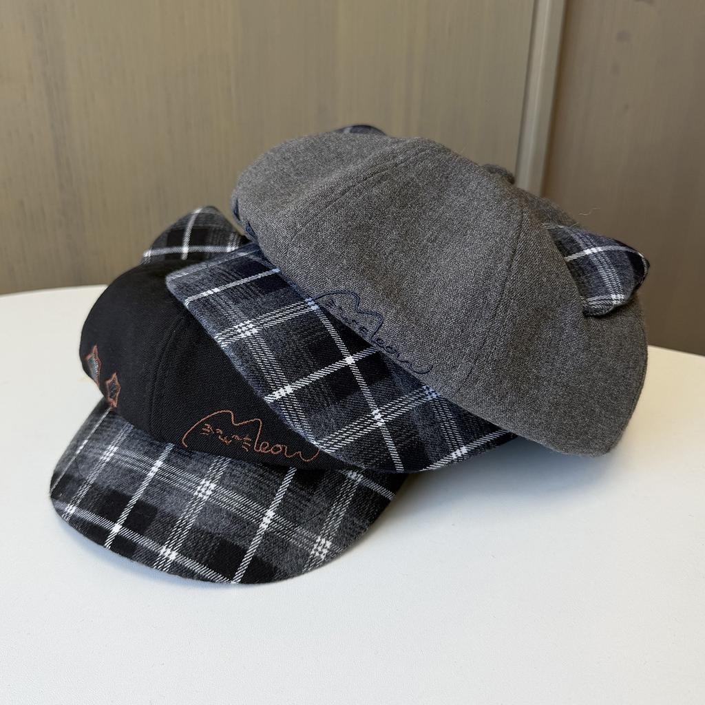 Cartoon Cute Cat Ears Plaid Octagonal Hat Female Autumn Sweet Casual Newsboy Hat Versatile Face Cap