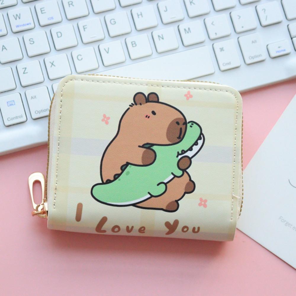 Cute Cartoon Capybara Short Wallet PU Leather Zipper Coin Purse Multi Slot Credit Card Holder Waterproof Storage Bag Key Bag