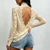 Women's High Neck Lace Mesh Top with Stretch Hollow-Out for Layering