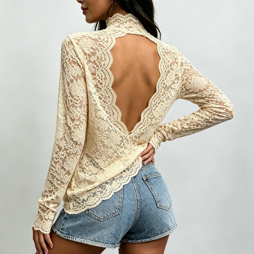 Women's High Neck Lace Mesh Top with Stretch Hollow-Out for Layering