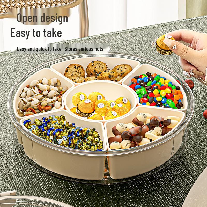 Six-Compartment Rotating Fruit Plate with Handle, Moisture-Proof Lid, Dried Fruit & Spice Box, Round Snack Container