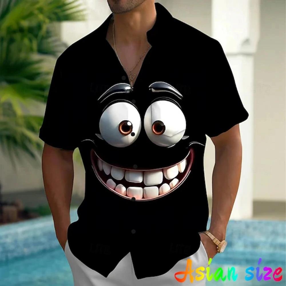 Funny Smiling Face Graphic Hawaiian Anime 3D Print Short Sleeve Blouses for men Vacation Party Lapel Summer