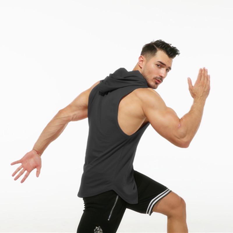 Men's Sleeveless Hooded Fitness Sweatshirt with Elastic Round Hem