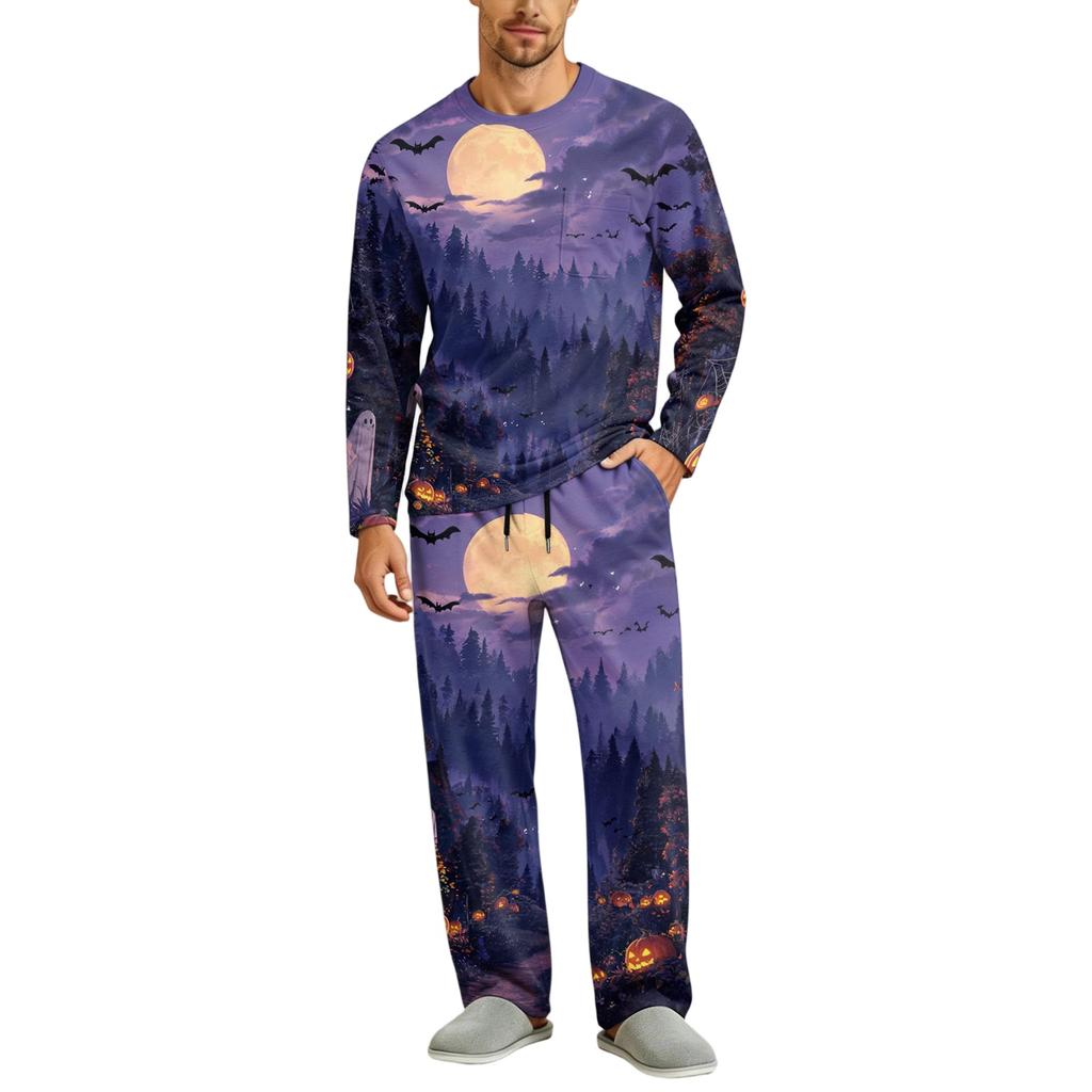 Men's Halloween Pajama Set Long Sleeve Long Pants with Crotch Buttons and Elastic Drawstring Waist