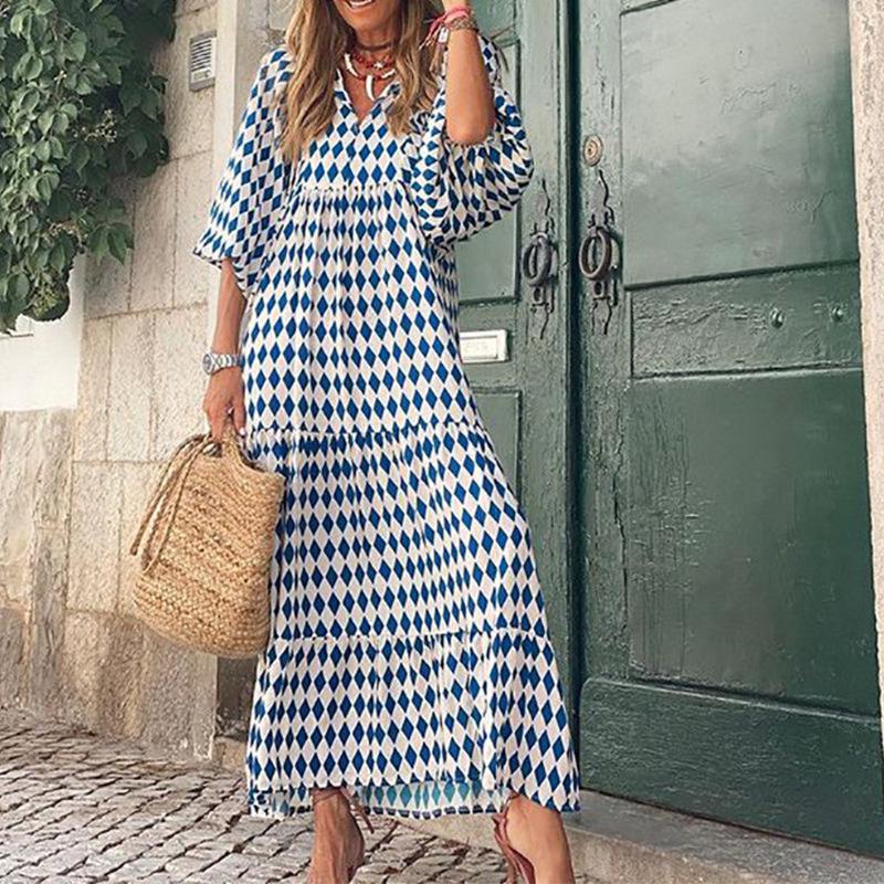 Bohemian Lantern Sleeve Long Print Dress with Large Hem for Women