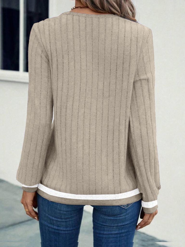 Top da Donna Casual 2025 con Scollo a V, Patchwork, Manica Lunga - Colore Unito Collezione Primavera/Autunno